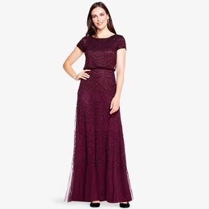 Adrianna Papell SHORT SLEEVE BEADED BLOUSON GOWN IN CASSIS size 16